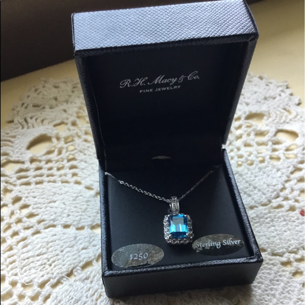 December Birthstone Blue Topaz with Diamonds Sterling Silver Pendant Necklace